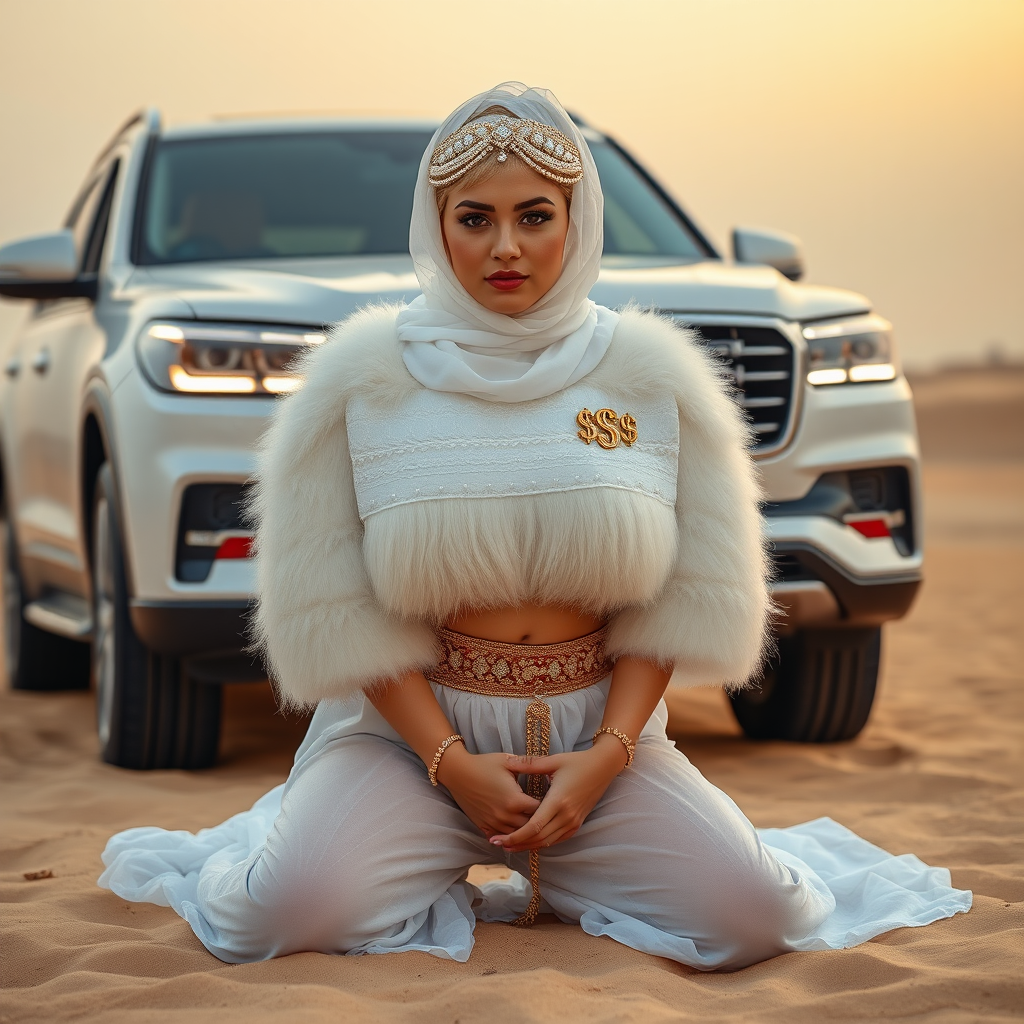 Kuwait desert dunes misty dawn, full size luxury SUV: Melissa, European 17 years old very convincing femboy “trophy-bimbo”, tamed servile docile, very beautiful feminine flawless face, rather short, by hormones very curvaceous womanly figured, platinum blond short tight curls, bold red lips, heavily made-up face, wearing Supertanya-style fluffy very fuzzy bright white angora turtleneck-poncho cropped ending under bust decorated with pearls and gemstones, striking oriental wide gold bridal protection belt, white fully transparent harem pants, full Oriental bridal jewelry including headpiece, white transparent Burka face veil covering noose and mouth, coin anklets, striking diamond “$$$” letter brooch on left chest, pout frustrated, hands tied behind back, kneeling in sand in front of SUV, looking at camera. Focus on face and turtleneck-poncho.