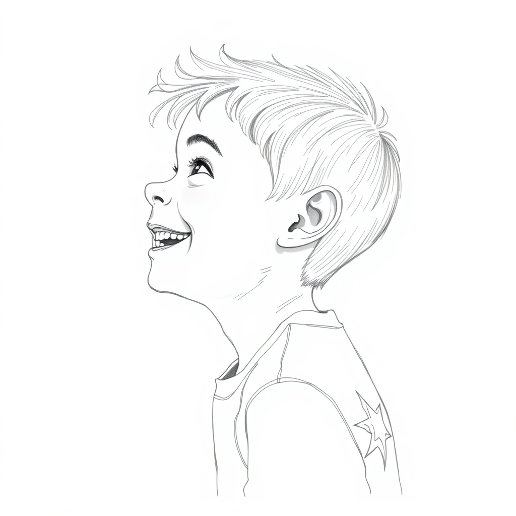 happy boy drawn from the profile. looking to the side up reaching forward, lines, pencil