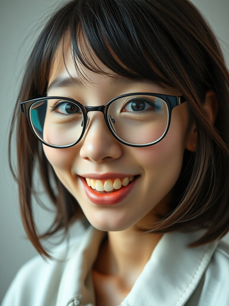 japanese nerdy skinny adult woman with big nose, big mouth, big yellowish teeth, moles, big eyeglasses and medium hair