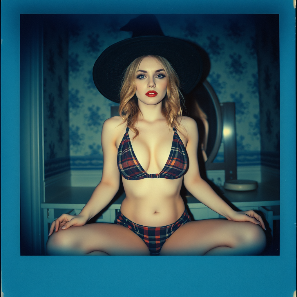 can of an old polaroid photo with heavy dark vignetting and a blue color tint to the photograph and visible light leaks. The photo depicts a sexy alt goth girl with pale skin. She has large breasts with ample cleavage and is wearing a plaid bra with triangle shaped cups. She is wearing a witch hat. The image looks hazy and grungy. She is in an old house with wallpaper on the walls. Dark lighting with camera flash used. Candid. she is wearing a plaid thong. She is sitting on a builtin vanity with a mirror with her knees spread apart.