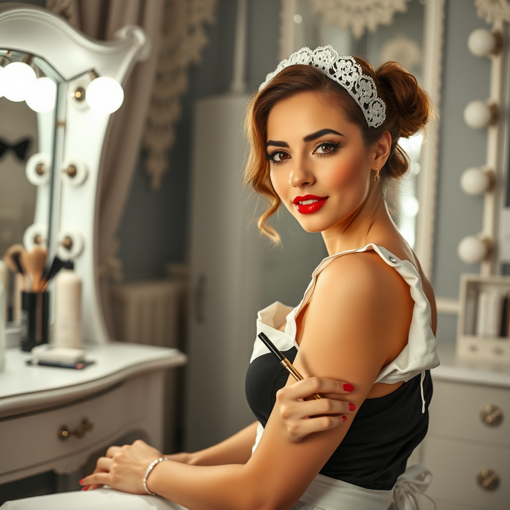 female french maid working in beauty parlour, holding a pennis