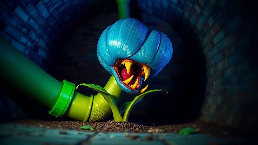 Interior. low depth of field. Underground scene with brick walls and floor. Blue tinted lighting. a large green drain pipe sticks out of the ground. growing out of the pipe opening, a monster with the head of a blue flower bulb, large mouth with pointy yellow teeth. Its body is a green flower stem with green leaves.