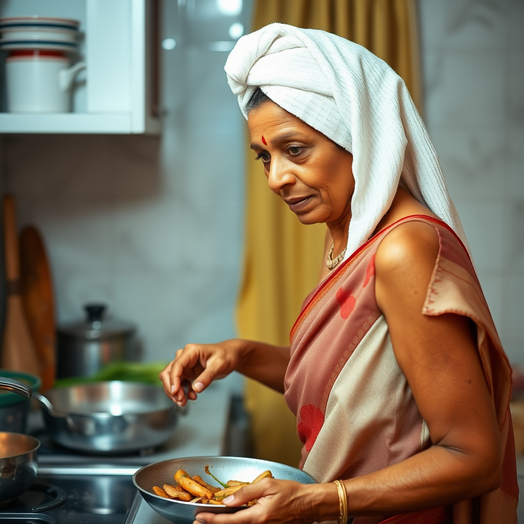 slim, 40 year old, traditional, indian wife, after bath, towel head, cooking food in kitchen