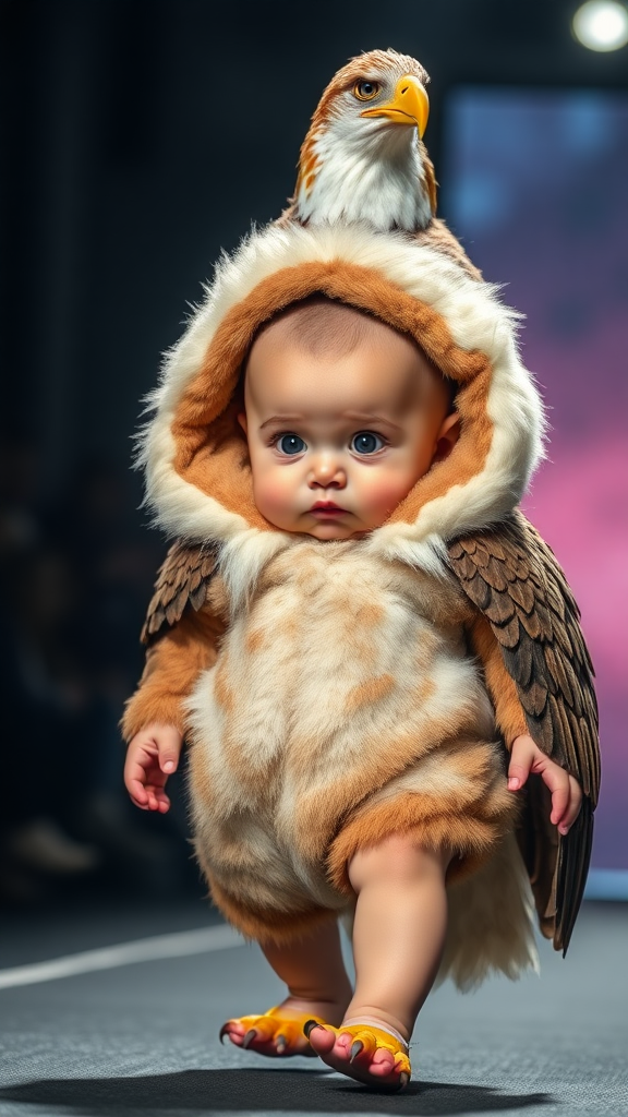 A cute small chubby fair baby with big eyes, pink lips, and pink cheeks is wearing a furry cozy eagle costume and doing a ramp walk in a fashion show, walking with a real eagle. The cinematic eagle is sitting on the baby's head.