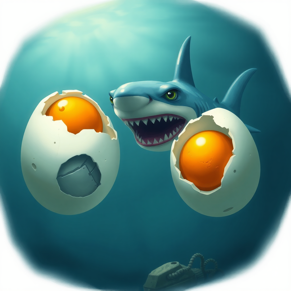 between two eggs a avery angry shark with a ahsföalskj .