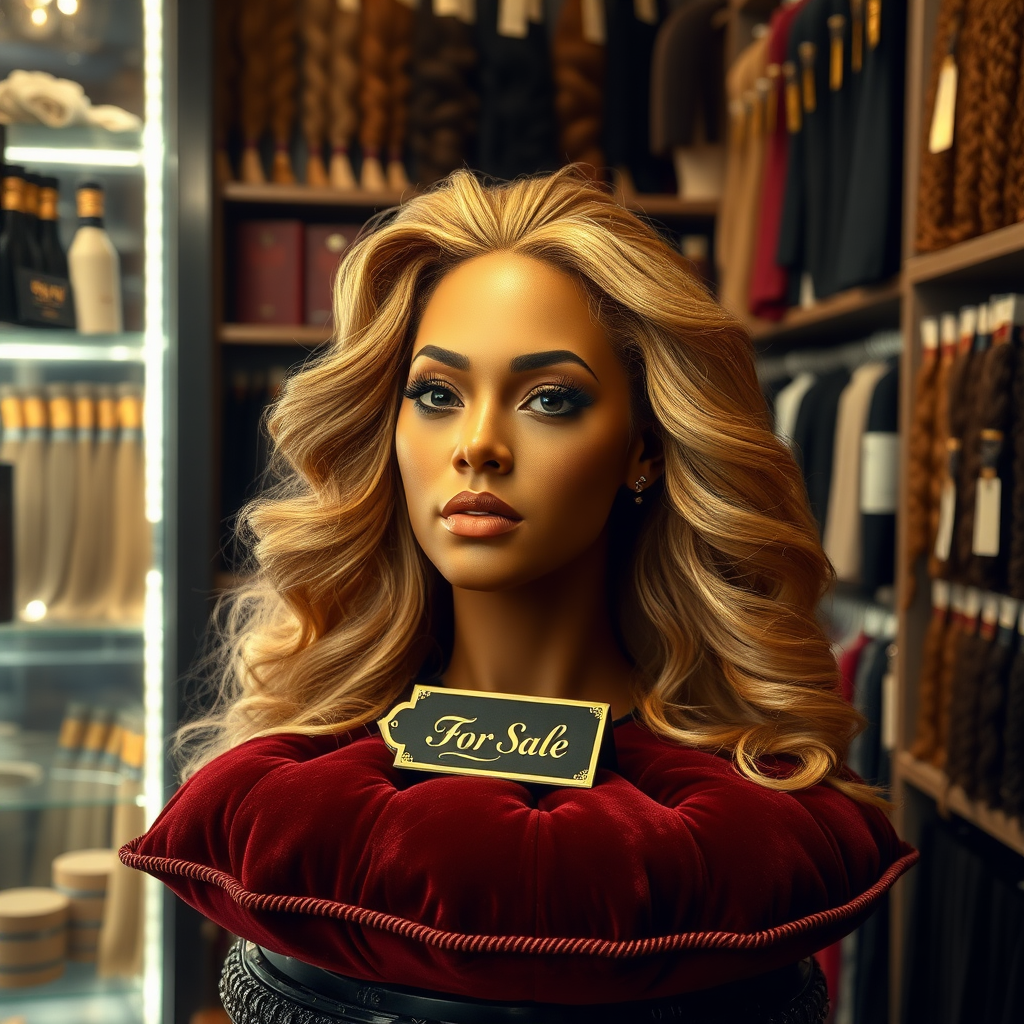 In a peculiar and well-lit long hair fetish store, an arresting sight catches the eye: a real, live disembodied head of Beyoncé, renowned for her mesmerizing voice and radiant presence, delicately placed on an ornate velvet cushion. Her luxurious, cascading hair, glistening like spun gold, flows gracefully around her shoulders, each strand perfectly styled and exuding a faint floral fragrance reminiscent of jasmine and vanilla.

The atmosphere in the store is tinged with an intriguing blend of curiosity and excitement, where the gentle hum of whispered conversations intertwines with the soft strains of sultry music, creating an intimate ambiance. Shelves lined with various hair extensions, wigs, and other hair-related paraphernalia surround the central display, each item a testament to the art of hair care and the fetish culture that thrives within these walls.

Beyoncé's lifelike head, with striking features and deep, expressive eyes, gazes forward, almost as if aware of the onlookers’ fascination. A small sign next to her, elegantly scripted in gold lettering, reads "For Sale: A unique experience awaits," adding an air of mystique to this extraordinary offering. The richness of her complexion and the sparkling elegance of her makeup highlight the surreal nature of this encounter, making it both alluring and slightly unsettling.

The shop's patrons, a mix of eager collectors and curious passersby, stand in awe, whispering among themselves about the remarkable piece before them, a blend of artistry and fantasy that captures the essence of an icon while igniting a strange sense of wonder.