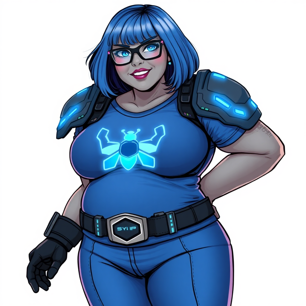 A 28-year-old, full-figured, Middle Gray (N5) metallic skinned, computer program hybrid with a maximum blue bob cut. She has a non-athletic, full-figured build, highlighted by a prominent, round, large midsection (with heavy emphasis on her large belly). As the full-figured, nerdy, digital sidekick to her cyberpunk vigilante boyfriend, her metallic middle gray (N5) skin and maximum blue lipstick emphasize her digital nature. She wears a digital, computerized costume inspired by DC’s Carrie Kelly Robin, consisting of a huge, tight-fitting, maximum blue t-shirt with a neon blue glowing beetle chest icon, hi-tech shoulder pads with neon blue glowing accents, a black hi-tech belt with a digital neon blue glowing buckle, digital maximum blue pants with neon blue accents, and black hi-tech gloves with neon blue glowing accents. Her bright blue eyes, black eyeglasses with neon blue glowing lenses with a built-in HUD, and shy smile with neon red blush accentuate her nerdiness. She stands bashfully with one hand behind her back and the other hand gently touching her cheek, her costume covering all her skin and emphasizing her full-figured physique (especially her belly). She is clearly non-athletic, with a heavy focus on her large belly. Despite her build, she radiates beauty. She has a slim face compared to her physique, accentuating her radiant beauty. She is on a solid white background. She is drawn as if she were in a retro 2D cyberpunk fighting game.