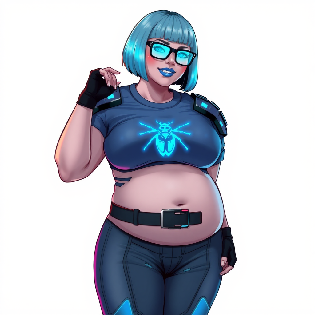 A 28-year-old, full-figured, metallic light neutral gray (N7) skinned computer program hybrid with a maximum blue bob cut. She has a non-athletic build, highlighted by a prominent, round, large midsection (with full emphasis on her large belly), which shows the effects of her love of junk food acquired from her boyfriend. As the full-figured, nerdy, digital sidekick to her cyberpunk vigilante boyfriend, her metallic light neutral gray skin and maximum blue lipstick (5PB 5/12) emphasize her digital nature. Her skin has a subtle, animated glow, with digital patterns occasionally flickering across it, making her digital nature obvious. She wears a digital, computerized costume, consisting of a huge, tight-fitting, maximum blue t-shirt (5PB 5/12) with a neon blue glowing chest icon of a beetle, hi-tech shoulder pads with neon blue accents, a black hi-tech belt with a digital neon blue glowing buckle, digital maximum blue biker pants (5PB 5/12) with neon blue accents, and black hi-tech fingerless biker gloves with neon blue glowing accents. Her neon blue glowing eyes, black eyeglasses with neon blue glowing lenses equipped with a built-in HUD, and bashful smile with neon red blush accentuate her nerdiness. She stands bashfully with one hand behind her back and the other hand gently touching her cheek, her costume covering all her skin and fully emphasizing her full-figured physique (especially her large belly). She is clearly non-athletic, with a full focus on her full-figured physique. Despite her build, she radiates beauty. She has a slim face compared to her physique, accentuating her radiant beauty. She is on a solid white background. She is drawn as if she were in a retro 2D cyberpunk fighting game.