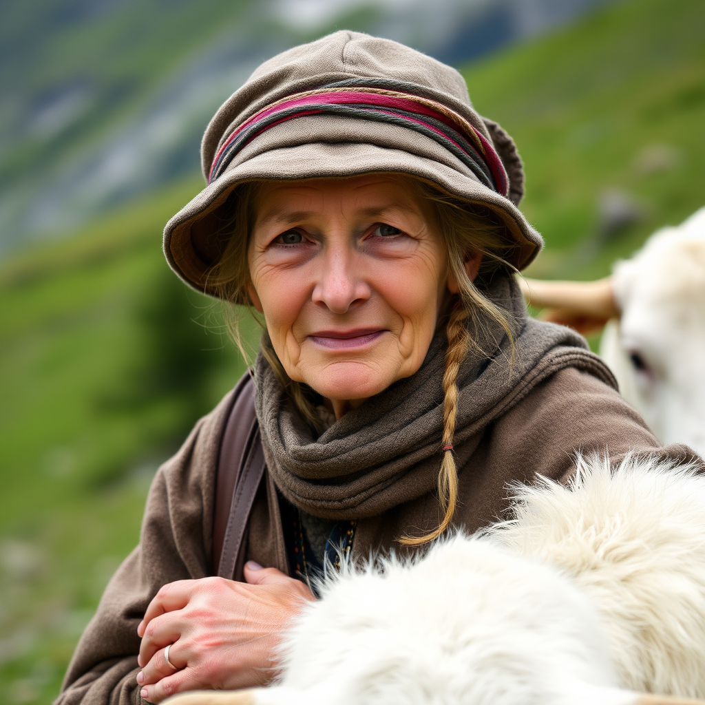 An old herdswoman in the Swiss mountains.