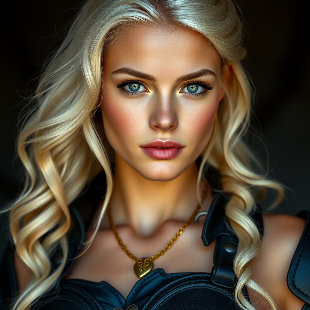 Portrait of a beautiful young woman with long wavy platinum blonde hair, green eyes, a suntan, large breasts, and light brown eyebrows. She is wearing black leather armor and a gold necklace with a small heart pendant.