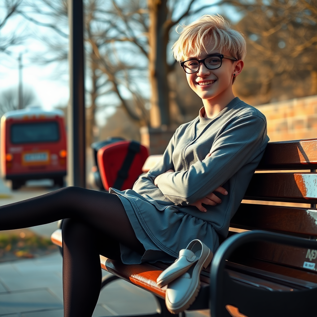 photorealistic, ultra high resolution, 16K, surreal fantasy, soft studio lighting, a pretty 18 year old goth male, slim male physique, short blonde hair, black glasses, goth makeup, earrings, shiny black pantyhose, UK girls-school uniform, Mary-Jane shoes, sitting on his boyfriend's lap on a bench waiting for the school bus, in daylight, excited smile, facing the camera.