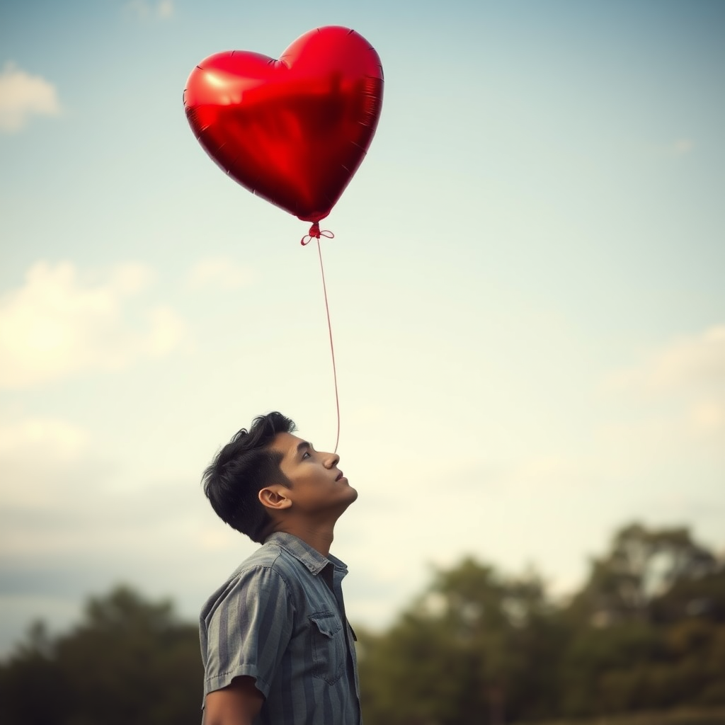 A picture of a man crying and letting a heart-shaped balloon go and float high up into the sky above.