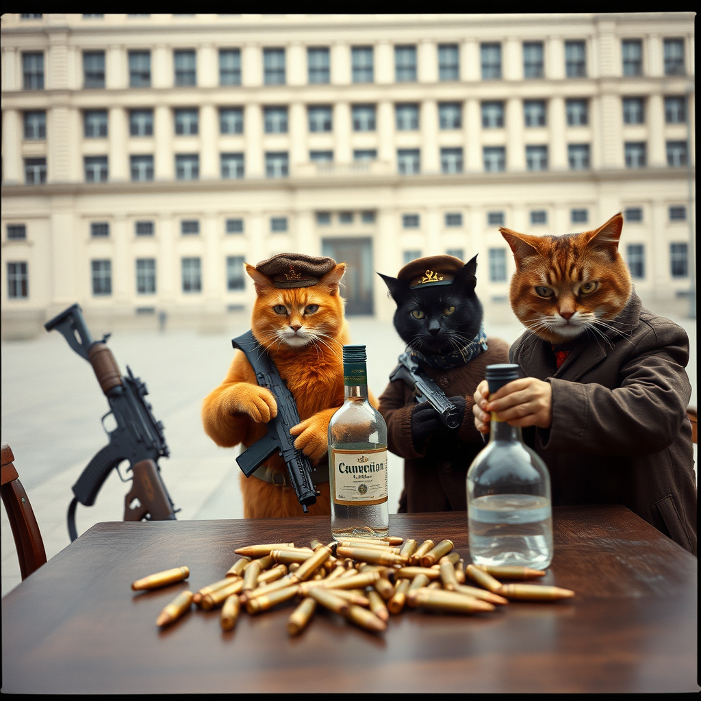 4 cat-men not looking at the camera, in a large square, one dark-skinned holding an AK-47, one orange with a Russian military cap, one dark brown and one light brown, Soviet communist with vodka, behind a table with bullet casings on it (film photo style)