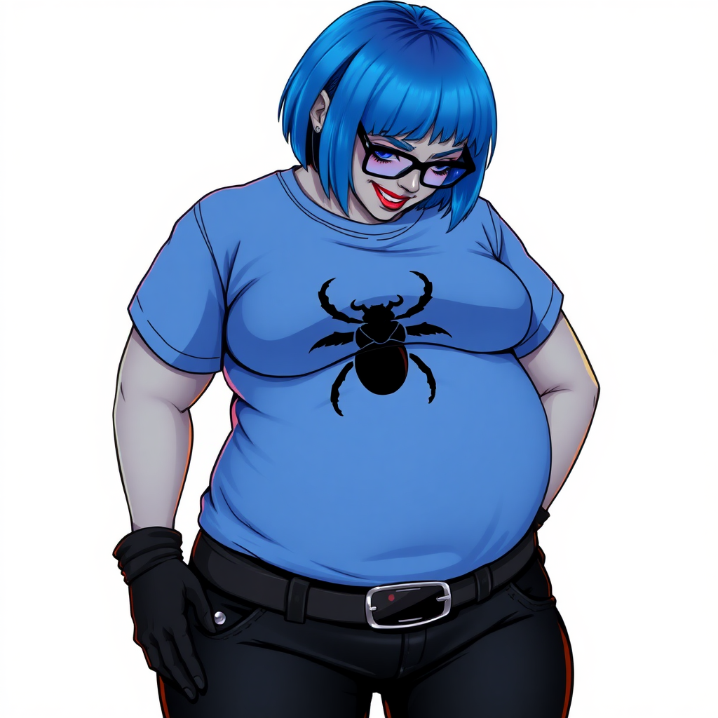 A 28-year-old, full-figured, metallic middle gray skinned computer program hybrid with a short maximum blue bob cut. She has a non-athletic build, highlighted by a prominent, round midsection (with a focus on her round belly). As a digital sidekick to her cyberpunk vigilante boyfriend, her middle gray metallic skin and maximum blue lipstick emphasize her digital nature. She wears a large, tight-fitting, maximum blue t-shirt (accentuating her belly) with a black chest icon of a beetle on its chest, black pants, a black belt with a sapphire scarab buckle, and black gloves. Her bright blue eyes, black eyeglasses, and shy smile with neon red blush accentuate her nerdiness. She bashfully bows her head with her hands behind her back, her t-shirt covers her midsection (especially her belly) and emphasizing her full-figured, non-athletic physique. She is on a solid white background. She is drawn as if she was in a retro 2D cyberpunk fighting game. She is clearly non-athletic, with a focus on her full figure. Make sure her outfit covers all of her bare skin (especially her midsection).