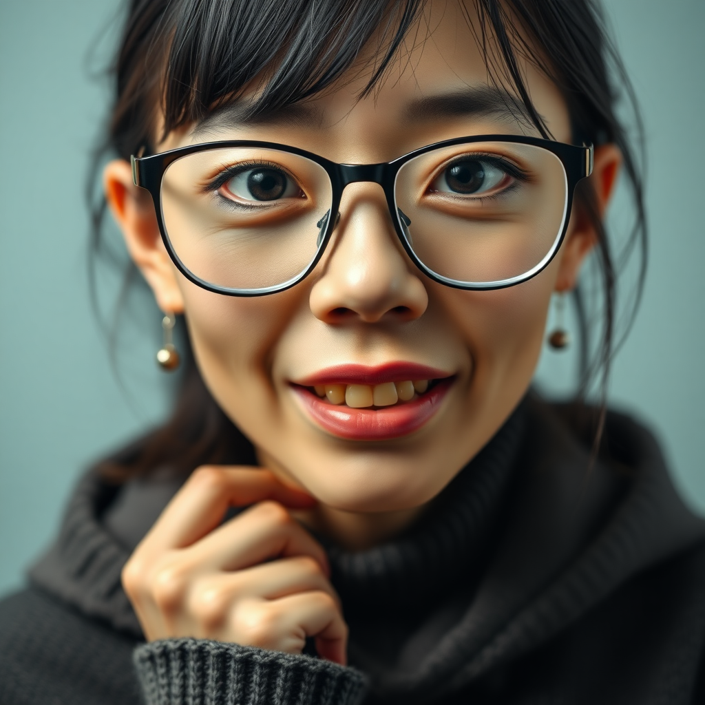 real photo, japanese nerdy skinny adult woman with big nose, big mouth, big yellowish teeth, moles, big eyeglasses and medium hair, serious expression