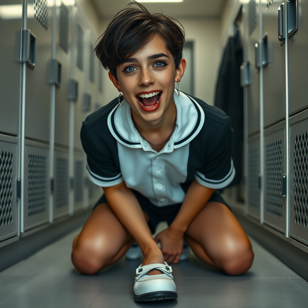 photorealistic, ultra high resolution, 16K, surreal fantasy, soft studio lighting, a pretty 17 year old goth male, slim male physique, short dark hair, blue eyes, goth makeup, earrings, sheer pantyhose, UK girls-school uniform, Mary-Jane shoes, kneeling on the floor of the locker room looking up at the camera, excited open mouth smile, drooling saliva, facing the camera.