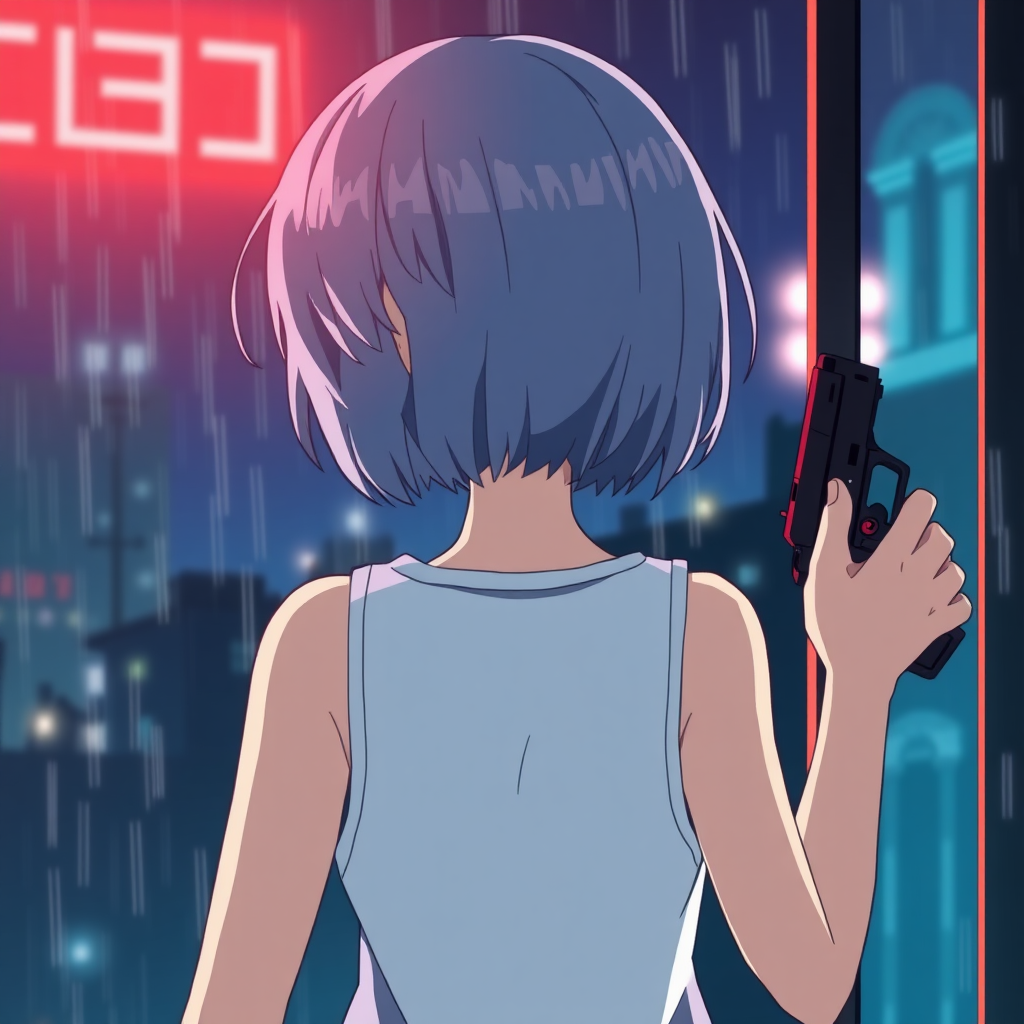 a picture of a girl from back , red eye, medium short gray hair, wearing sleeveless white top, holding pistol, looking out window, night, raining, neon light, dramatic scene, anime style