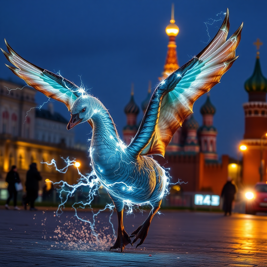 Electric Goose dragon hybrid attacking Moscow, news footage