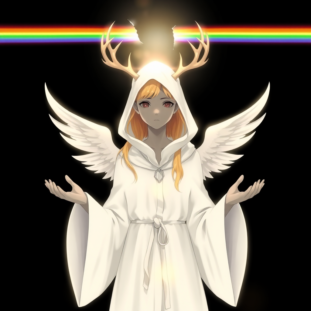 (Anime Style-art) Black background with rainbow-barrier broken, a completely female faceless, grey-skinned, wearing a white hood, golden-haired woman covered in pure white light, 2 deer antlers, 2 angel wings, glowing-white robes, hands out, floating mid-air, looking at viewer, full body view