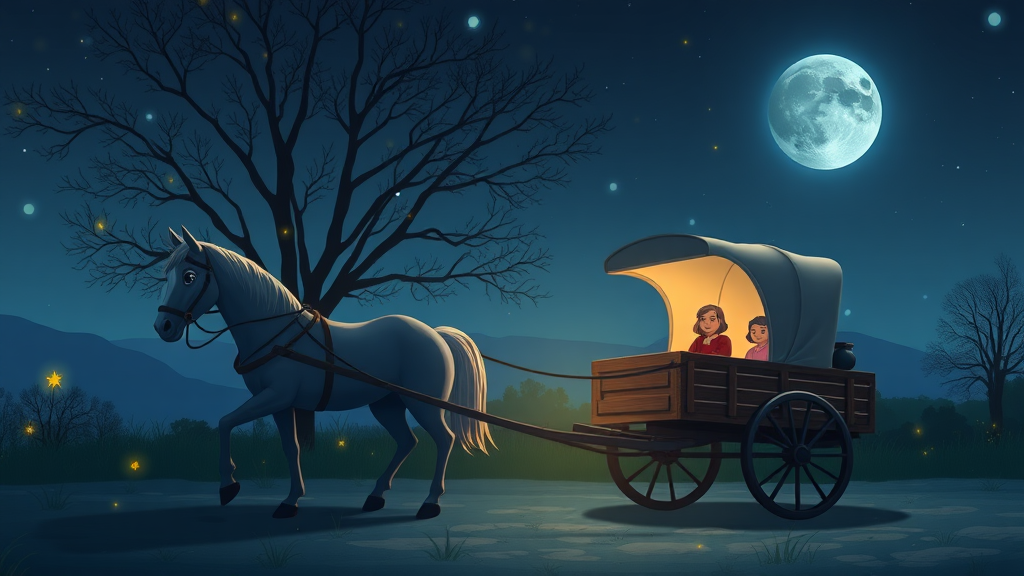 A horse and cart at night, some fireflies around, animation.