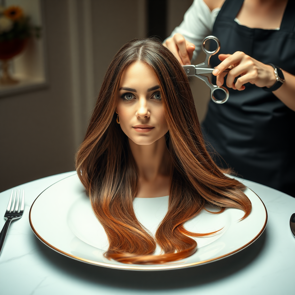 In a bizarre, surreal tableau, the polished surface of an elegant dining plate cradles the disembodied head of a strikingly beautiful Kate Middleton, her long, flowing hair cascading like a glossy waterfall of deep chestnut and honey highlights. The hair is luxuriously arranged, strands shimmering under the soft, ambient light that bathes the scene in an ethereal glow.

A skilled hairdresser, clad in a sleek black apron, stands poised with a pair of gleaming scissors, carefully trimming the endlessly luxurious locks that frame Kate's serene, almost ethereal features. The air is thick with the scent of salon products mingling with delicate hints of floral fragrances, creating an unusual yet strangely inviting atmosphere. The hairdresser's focused expression reveals a meticulous dedication as snippets of hair fall gracefully onto the pristine plate, echoing a sense of both artistry and absurdity.

The overall emotional tone conveys a dreamlike quality, inviting viewers to ponder the juxtaposition of beauty, identity, and the bizarre circumstances that bind them in this extraordinary moment.