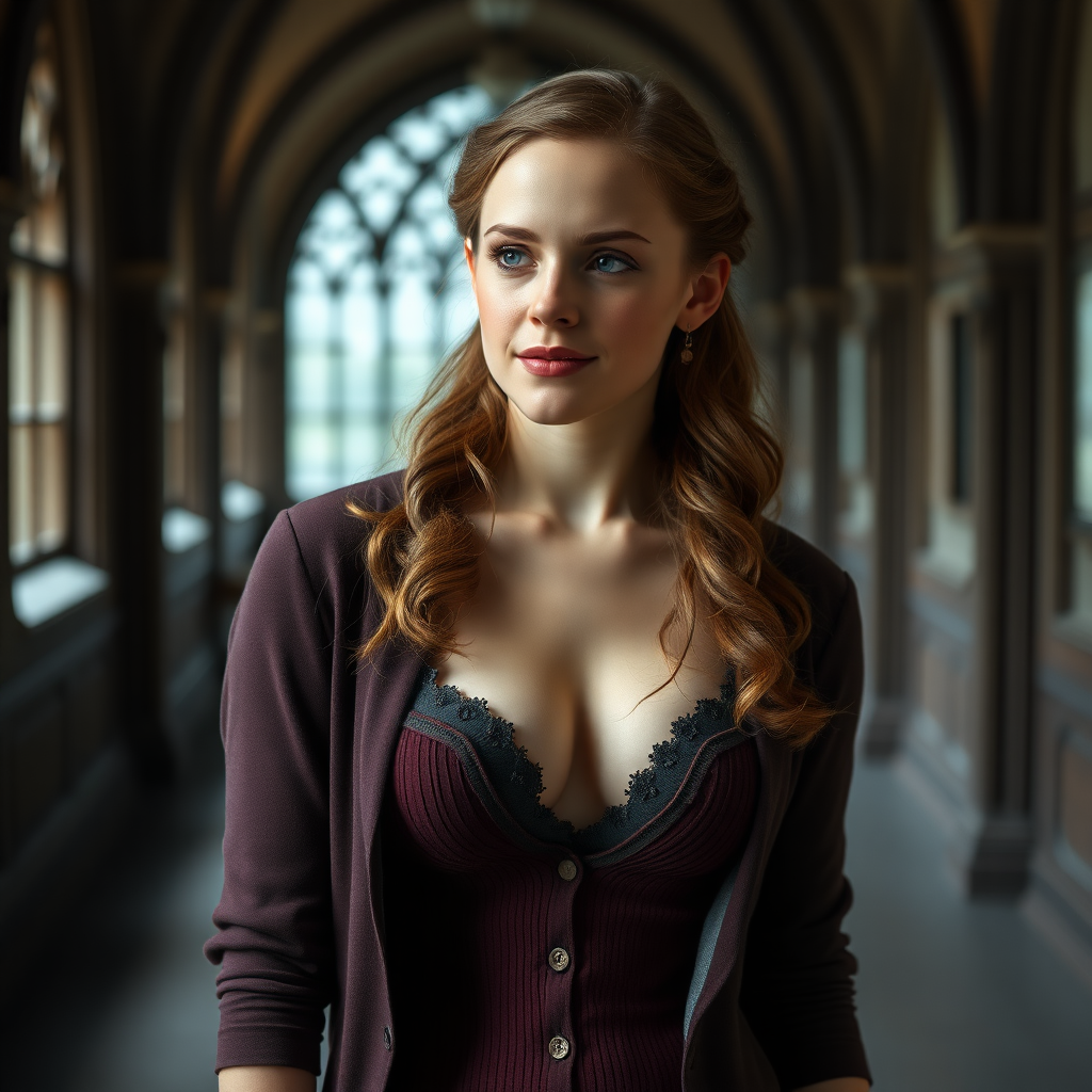 Emma Watson as Hermione Granger, 18 years old, erotic, B cup, revealing Hogwarts uniform, cleavage, thoughtful smile, empty Hogwarts hallway, raw photo, 8k