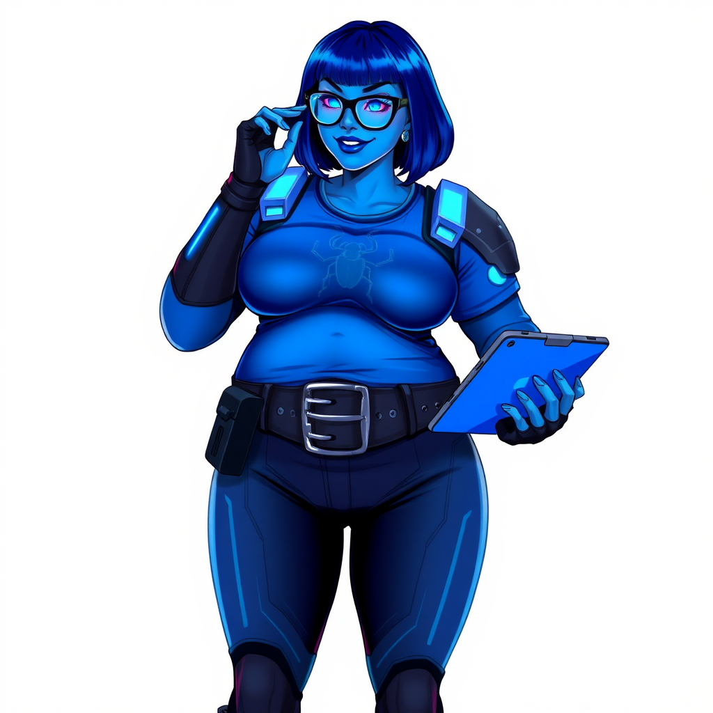 A 28-year-old, full-figured, metallic maximum blue (5PB 5/10) skinned computer program hybrid with a maximum blue bob cut. She has a non-athletic build, highlighted by a prominent, round, large midsection (with emphasis on her belly), which shows the effects of her love of junk food acquired from her boyfriend. As the full-figured, nerdy, digital sidekick to her cyberpunk vigilante boyfriend, her metallic maximum blue skin and maximum blue lipstick (5PB 5/12) emphasize her digital nature. Her skin has a subtle, animated glow, with digital patterns occasionally flickering across it, making her digital nature obvious. She wears a digital, computerized superhero costume, consisting of a massive, tight-fitting, maximum blue t-shirt (5PB 5/12) with a neon blue glowing chest icon of a beetle, hi-tech shoulder pads with neon blue accents, a black hi-tech belt with a digital neon blue glowing buckle, digital maximum blue biker pants (5PB 5/12) with neon blue accents, and black hi-tech fingerless biker gloves with neon blue glowing accents. Her neon blue glowing eyes, black eyeglasses with neon blue glowing lenses equipped with a built-in HUD, and bashful smile with neon red blush accentuate her nerdiness.

She stands with a shy, slightly hunched posture, one hand nervously adjusting her glasses while the other clutches a digital tablet close to her chest. Her pose reflects her intellectual curiosity and slight social awkwardness, much like Sci-Twi. Her costume covers all her skin and emphasizes her full-figured physique (especially her belly). Despite her build, she radiates beauty. She has a slim face compared to her physique, accentuating her radiant beauty. She is on a solid white background. She is drawn as if she were in a retro 2D cyberpunk fighting game.