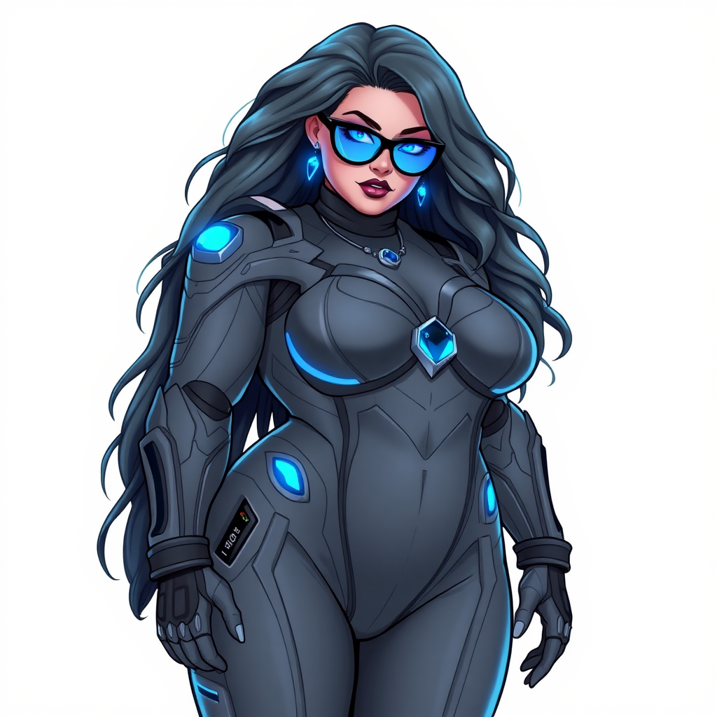 A 29-year-old computer science major, she is the devoted girlfriend of a vigilante and serves as his dotingly pampered, full-figured, nerdy, Middle Gray (N5) digital sidekick. She is now a Computer Program hybrid, with a unique, metallic Middle Gray (N5) skin color that blends with her suit and hair, appearing to merge together as computer data. Her long hair, suit, and skin are Middle Gray (N5) all blending together to appear to merge as computer data. Her neon blue eyes are mesmerizing. Her full figure, especially her prominent round midsection, shows just how heavily fed and pampered she is, with sequoia-sized limbs and broad shoulders.

As a loyal and supportive sidekick, she plays a crucial role in their missions, using her digital prowess to assist and protect. She wears a blue sapphire scarab necklace and blue sapphire earrings, which she received as symbols of their love before his 5-year disappearance. Her digital and computerized bodysuit, also Middle Gray (N5), blends with her skin and hair (appearing to merge together like computer data). She is equipped with high-tech features, including holographic displays and integrated hacking tools. She has matching high-tech gloves. She emits neon blue data cubes from her body, set against a solid white background.

Heavily, attentively, and immensely pampered through being well-fed since their reunion, her full figure clearly shows the extent of care she has received. Despite her digital enhancements, she retains her human vulnerabilities, including hunger and sleep, and is not immune to human weaknesses. She has the ability to hack into computers and machines, and her nerdiness is blatantly obvious with her black oversized eyeglasses. Her full figure, especially her gargantuan midsection, is prominently displayed and heavily emphasized. Her outfit, influenced by DC’s Jennifer Knight Phantom Lady, remains distinct.

Despite her boyfriend’s limited resources, she assists in the war on crime by serving as a minicomputer, traveling in a high-tech wristwatch and supercar’s computer system. Using her hacking abilities, she relays crucial knowledge related to missions. She is drawn as if she was in a retro 2D cyberpunk fighting game.