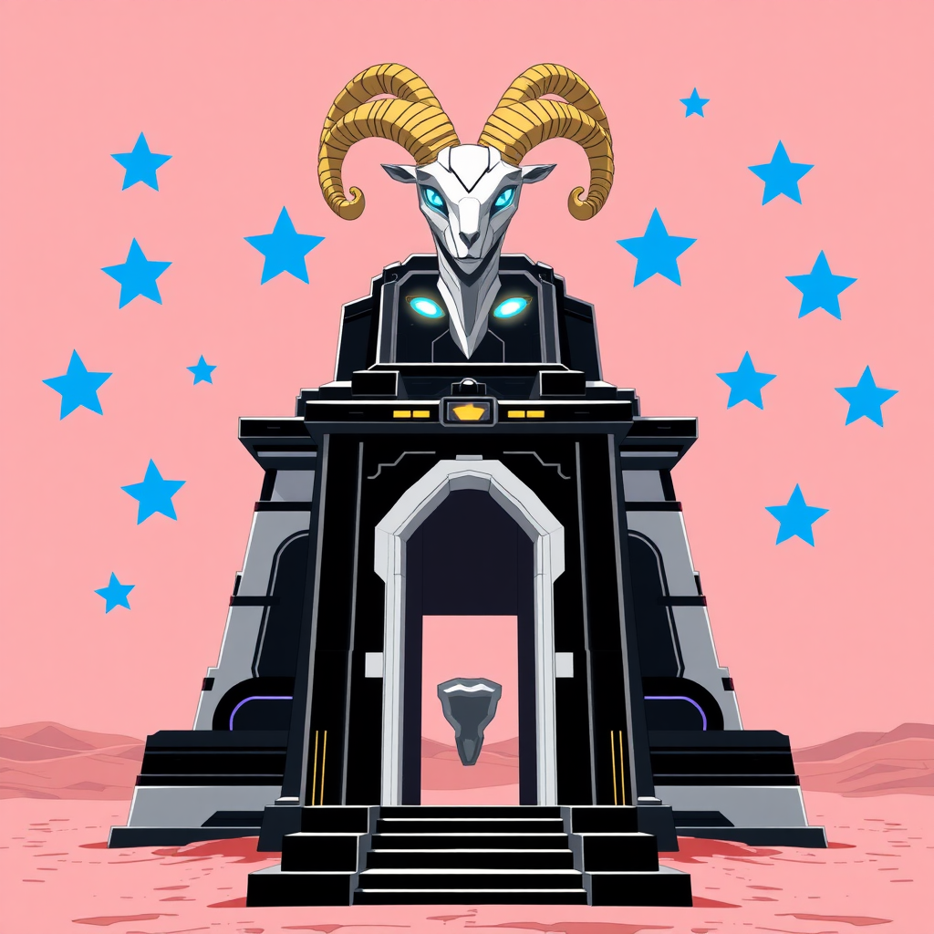 The artwork features an anime style set against a desert-pink backdrop, adorned with seven blue stars representing the Pleiades constellation. Central to the composition is a large temple designed in a technological ziggurat style, characterized by a striking black and white color scheme. The entrance of the temple is uniquely shaped to resemble a female reproductive system, including a depiction of a vagina. Atop the structure, a golden ram's horn is prominently displayed, flanked by two glowing eyes that appear to be ablaze.