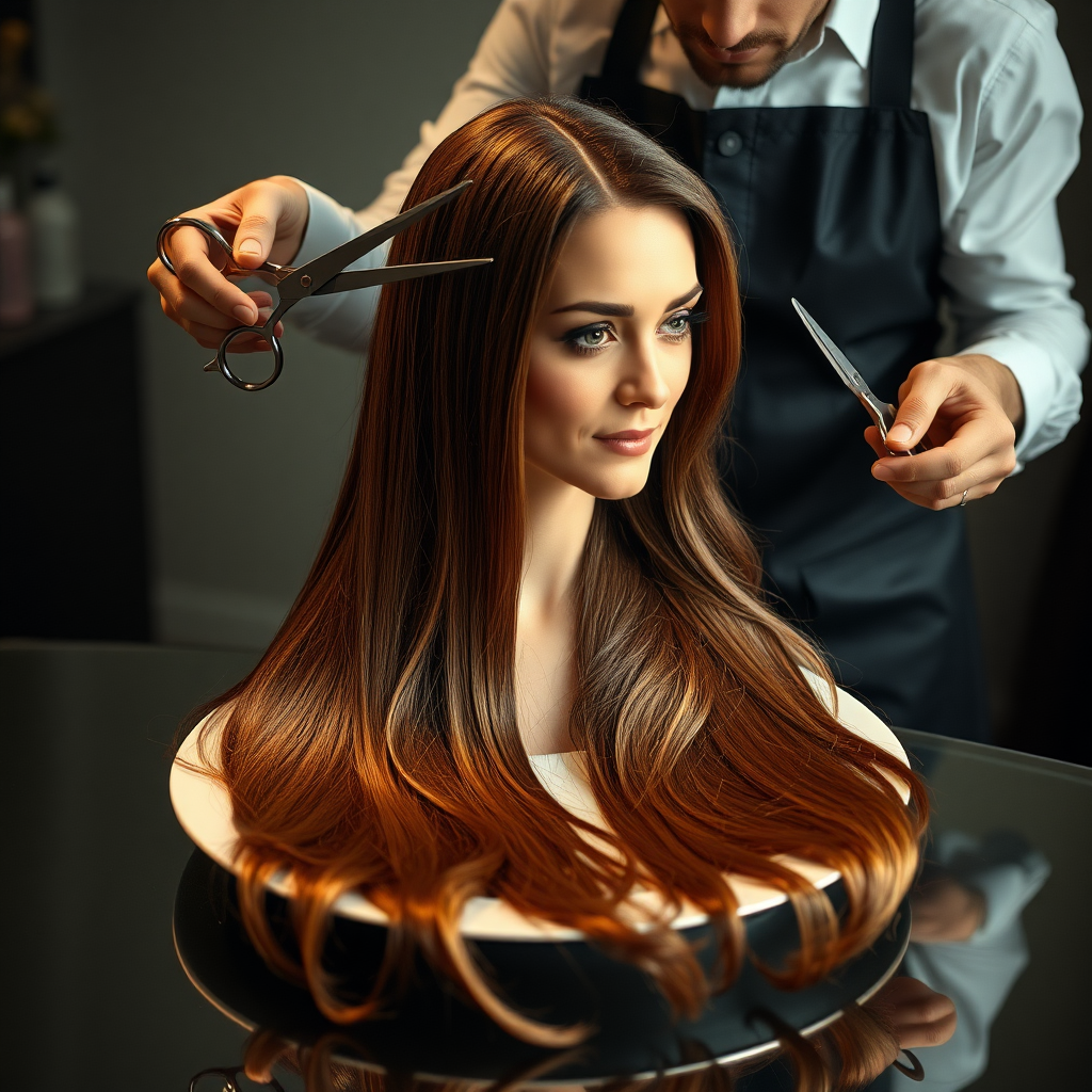 In a bizarre, surreal tableau, the polished surface of an elegant dining plate cradles the disembodied head of a strikingly beautiful Kate Middleton, her long, flowing hair cascading like a glossy waterfall of deep chestnut and honey highlights. The hair is luxuriously arranged, strands shimmering under the soft, ambient light that bathes the scene in an ethereal glow.

A skilled hairdresser, clad in a sleek black apron, stands poised with a pair of gleaming scissors, carefully trimming the endlessly luxurious locks that frame Kate's serene, almost ethereal features. The air is thick with the scent of salon products mingling with delicate hints of floral fragrances, creating an unusual yet strangely inviting atmosphere. The hairdresser's focused expression reveals a meticulous dedication as snippets of hair fall gracefully onto the pristine plate, echoing a sense of both artistry and absurdity.

The overall emotional tone conveys a dreamlike quality, inviting viewers to ponder the juxtaposition of beauty, identity, and the bizarre circumstances that bind them in this extraordinary moment.