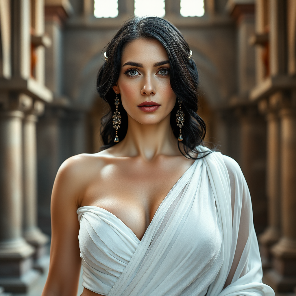 The female queen, aged 40, possesses pale skin complemented by striking grey eyes and a seductive gaze, with black Greek-style hair that frames her youthfully smooth visage with subtle wrinkles. Her attire consists of a sheer, white, low-cut Roman garment that exposes her ample bosom, allowing the skin of her breasts to peek through the fabric. She adorns herself with elegant earrings and a necklace, exuding a captivating MILF allure within the grandiose setting of a majestic castle, all captured under the dramatic flair of cinematic movie lighting and presented with ultra-high-definition 8k photographic detail.