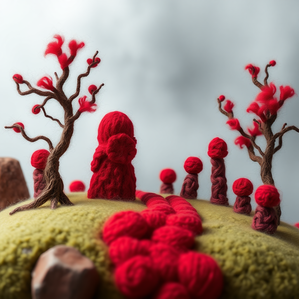 a wool made fantasy red stone forest