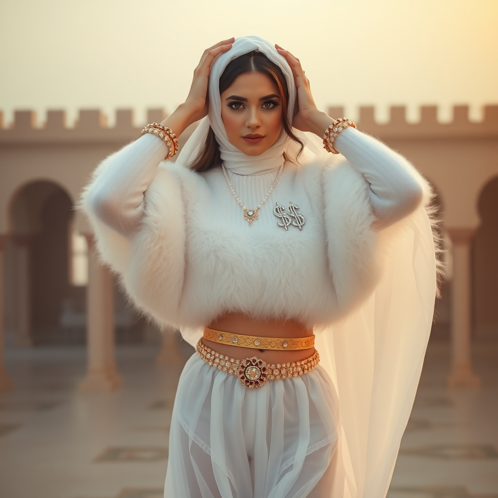 Kuwait desert palace harem patio misty dawn: Melissa, European 17 years old very convincing femboy “trophy-bimbo”, tamed servile docile, very beautiful feminine flawless face, rather short, by hormones very curvaceous womanly figured, heavily made-up eyes, wearing Supertanya-style fluffy very fuzzy bright white angora turtleneck-poncho cropped ending under bust decorated with pearls and gemstones, striking oriental wide gold bridal protection belt, white fully transparent harem pants, full Oriental bridal jewelry, face covered by white sheer full Burka, coin anklets, striking diamond “$$$” letter brooch on left chest, pout frustrated, seductively dancing for the sheik, hands high over her head, looking at camera. Focus on face and turtleneck-poncho.