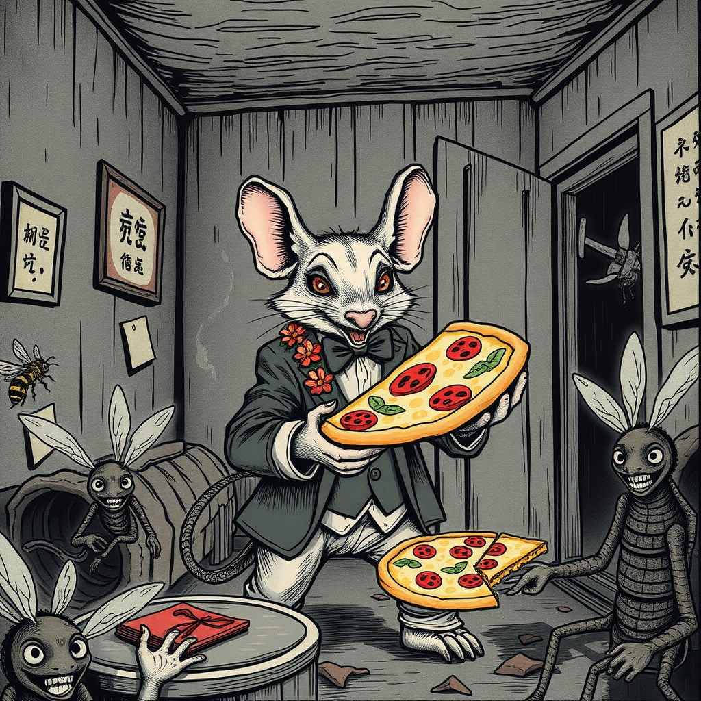 A well dressed handsome rat demon delivering Hawaiian pizza to angry bees in a decayed apartment, Chinese woodcut