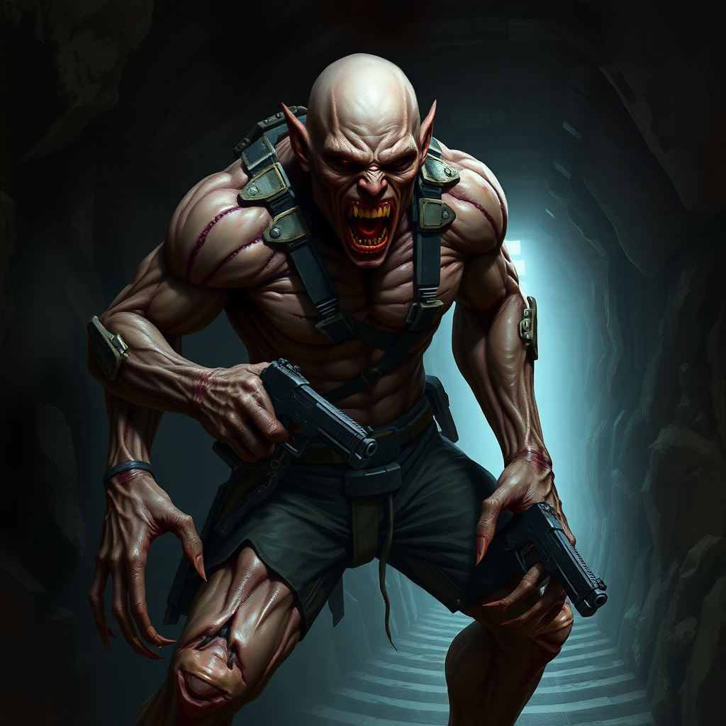 Sci-fi digital horror painting. Heavily mutated crew member, his body and limbs elongated and twisted while muscles ever tensing. Aggressive violent snarl on face. One hand has long sharp claws while the other looks relatively normal and has a pistol in it. Dark rocky industrial corridor.