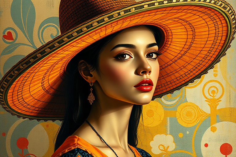 A wide-brimmed sombrero hat throws a shadow over the head and body of a young woman, in a style reminiscent of Gustav Klimt. The artwork is a fusion of art deco and cubism, rendered in 8k resolution as concept art. It embodies splash art and neo-impressionism with an expressionist flair, resembling an oil painting with smooth post-impressionist impasto techniques and thick, colorful layers of textured acrylic paint.