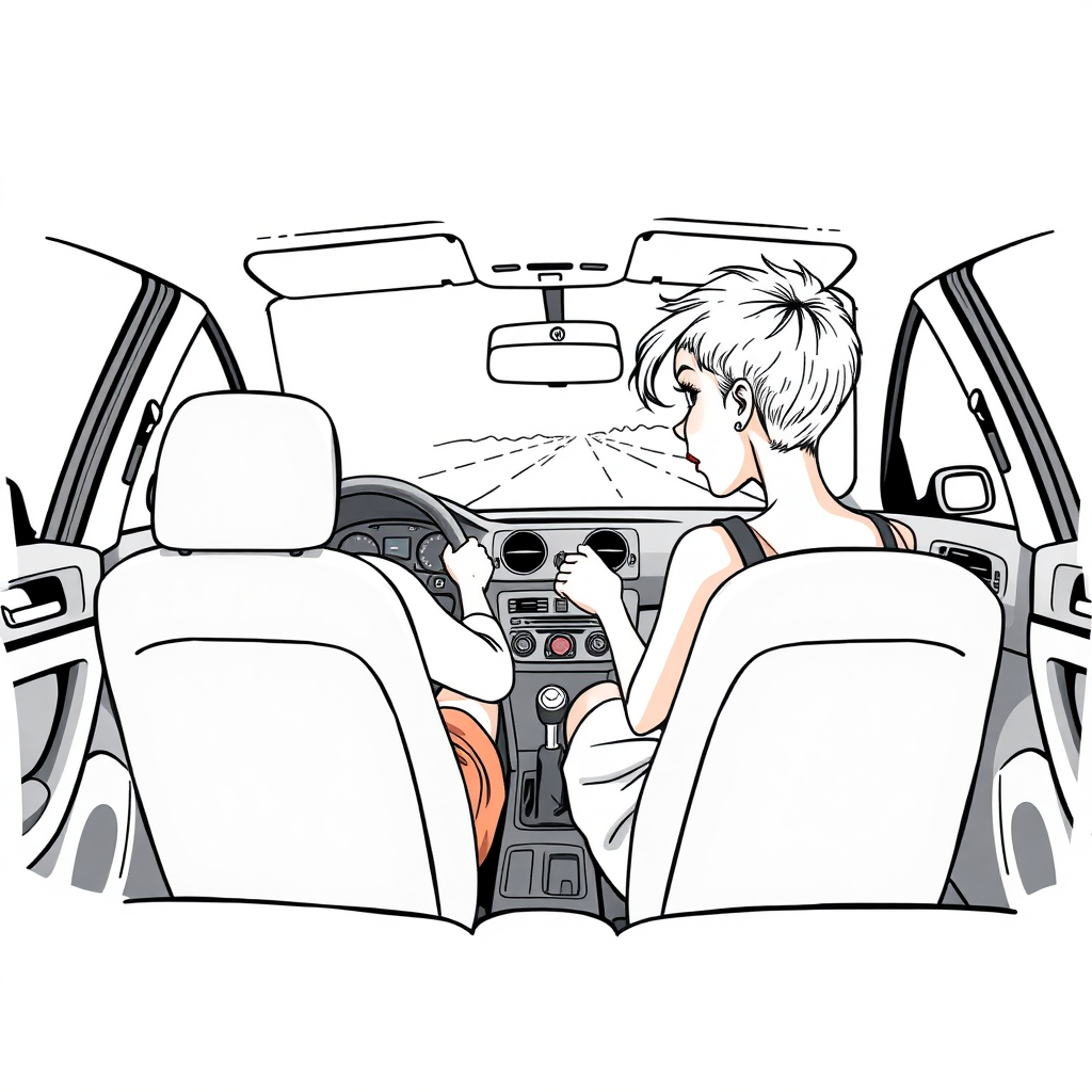 inside view of a VW Polo V from the front passenger seat point of view, looking at the driver seat from the side, pixie haircut woman driving, skirt, she is looking at the camera over her shoulder, long establishing shot, 2D, caricature, cartoon, Sketch lines, coloring book, coloring book style on white background, well composed, clean coloring book page, No dither, no gradient, strong outline, No fill, No solids, vector illustration, side view, vector illustration, movement lines, from above