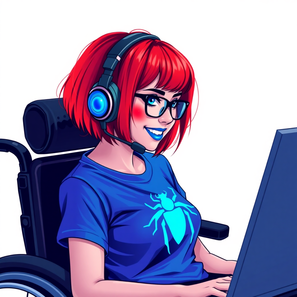 A striking, nerdy, 28-year-old computer hacker in a wheelchair, with a unique, fiery crimson bob cut, maximum blue lipstick, and piercing blue eyes. She wears a maximum blue t-shirt adorned with a maximum turquoise beetle chest icon. Her accessories include a sapphire headset, sleek black eyeglasses, a lovestruck smile, and neon red blush. She serves as her vigilante boyfriend’s tech expert from his secret hideout, diligently working at her computer. The background is a solid white. She is drawn as if she was in a retro 2D cyberpunk fighting game. Ensure her hair color is distinct from DC’s superheroine Oracle and any other character.