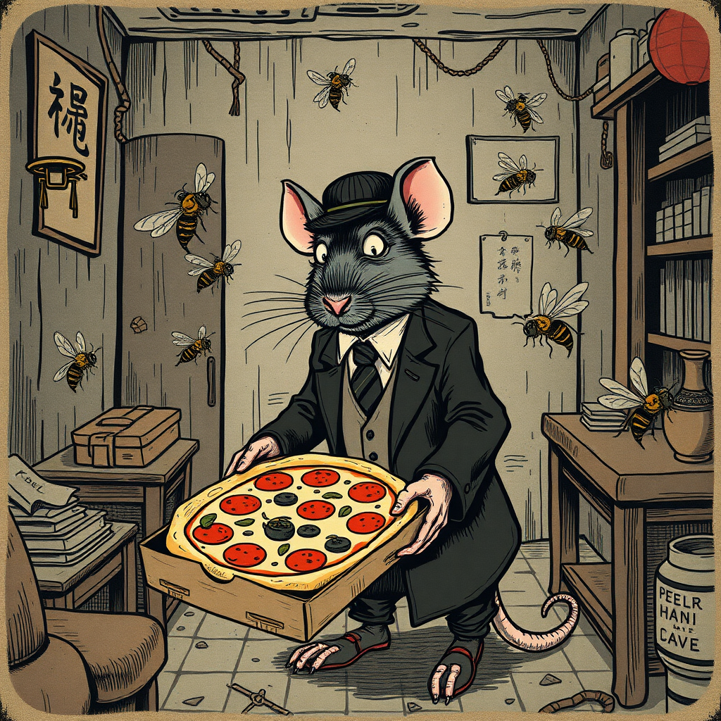 A well dressed handsome rat delivering pizza to angry bees in a decayed apartment, Chinese woodcut