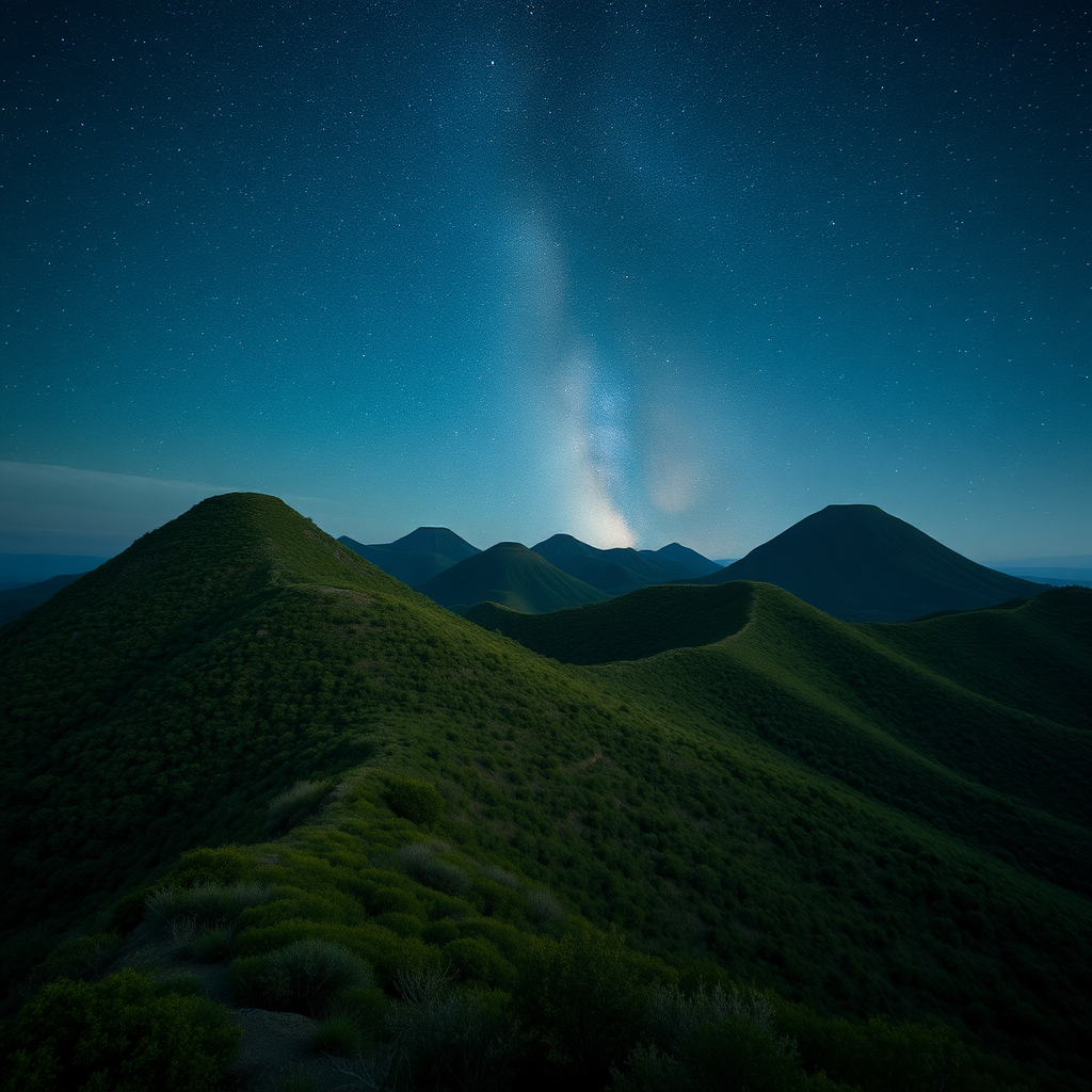 Hilly area of Marmilla, very high and large conical hills with vegetation, with a dark sky full of stars, and the Milky Way.