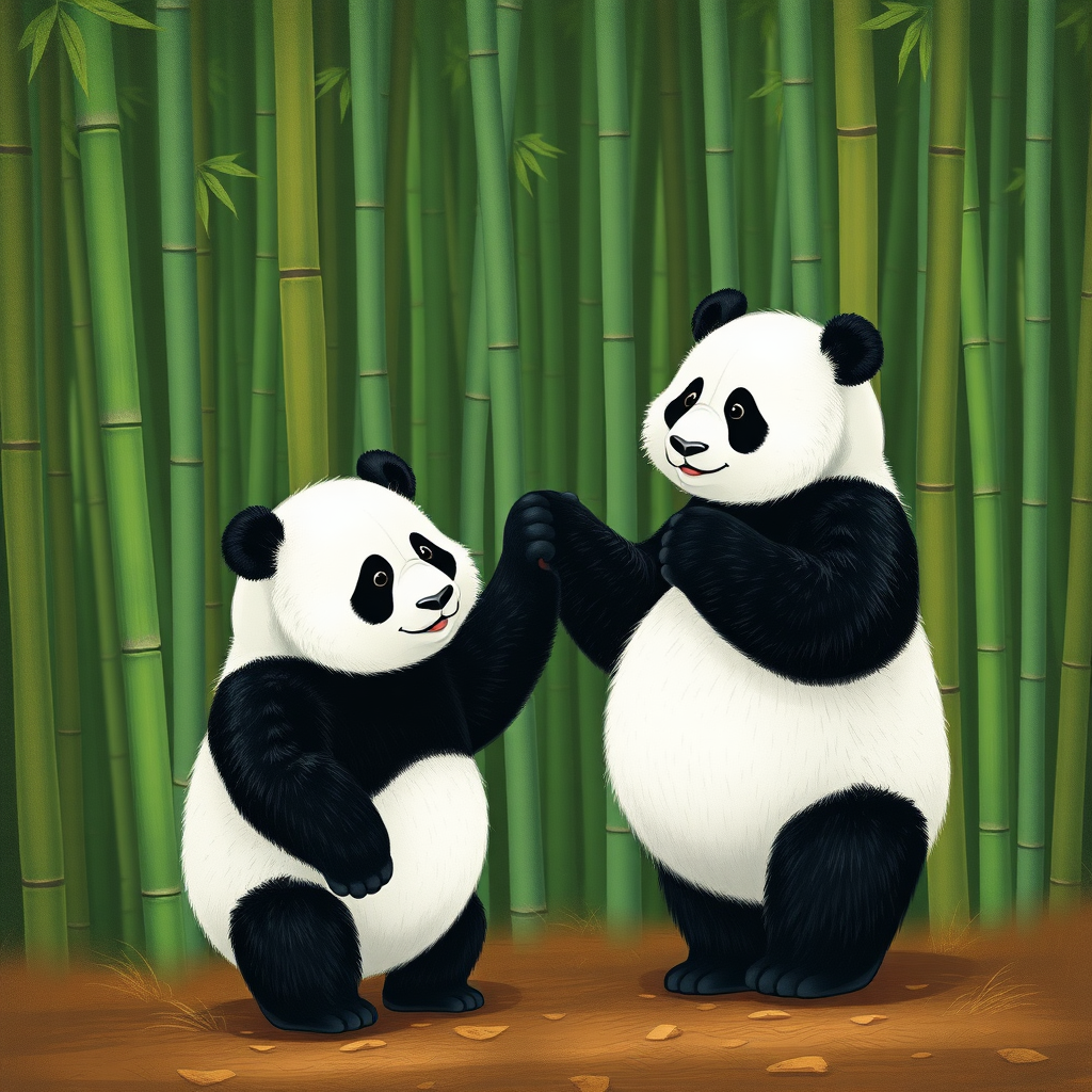 Picture of two pandas holding hands in front of a bamboo forest