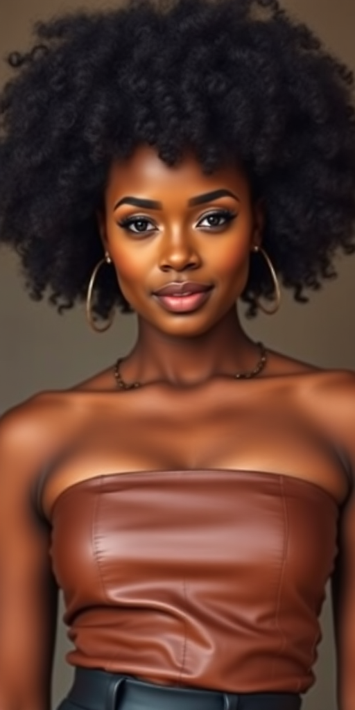 a busty african woman with an afro wearing a brown leather tube top