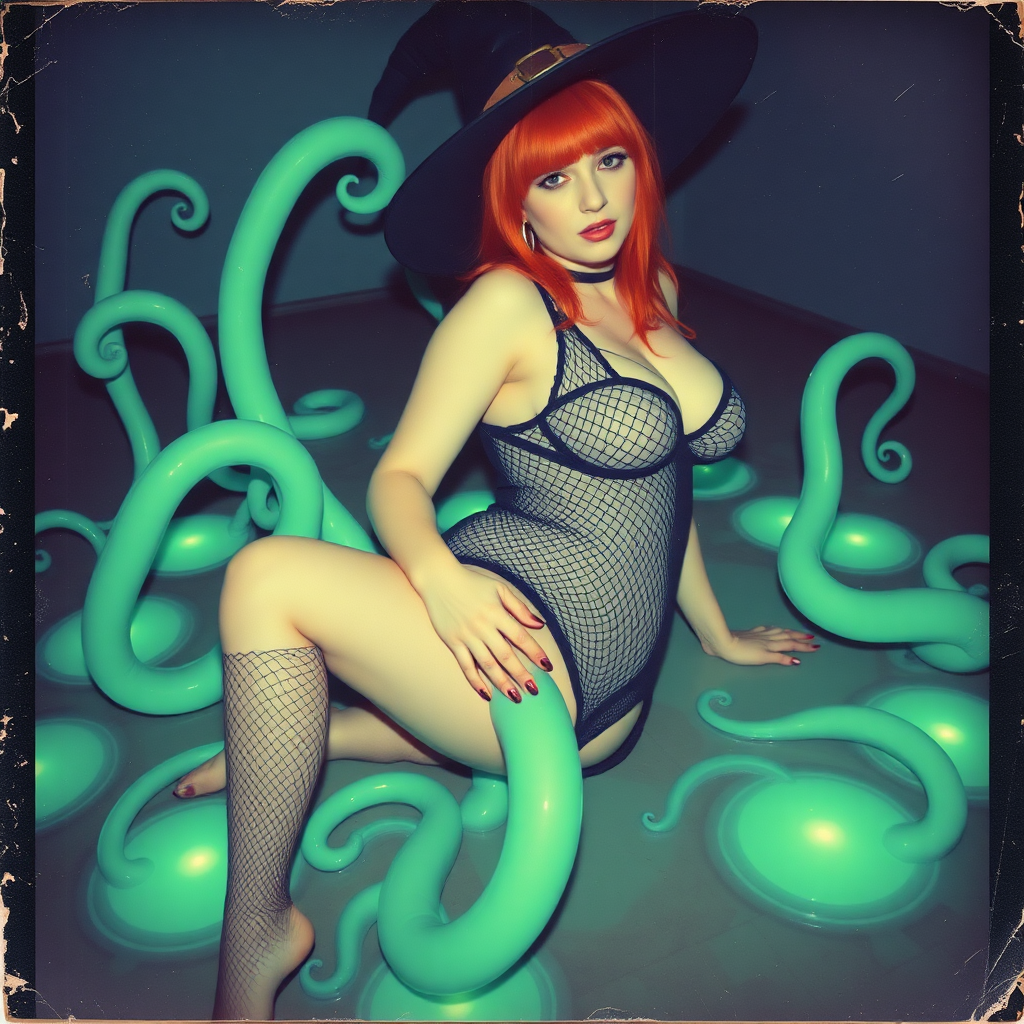 An old polaroid photo with a color tint to the photograph and visible light leaks. The photo depicts a sexy alt goth girl with pale skin and red hair. She has a plump booty. She has large breasts with ample cleavage and is wearing a black fishnet bodysuit. She is wearing a witch hat. She is surrounded by glowing translucent green tentacles coming out of magic bright glowing pools of water on the floor, wrapped around her arms and legs. She is straddling a green tentacle between her legs. The image looks hazy and grungy.