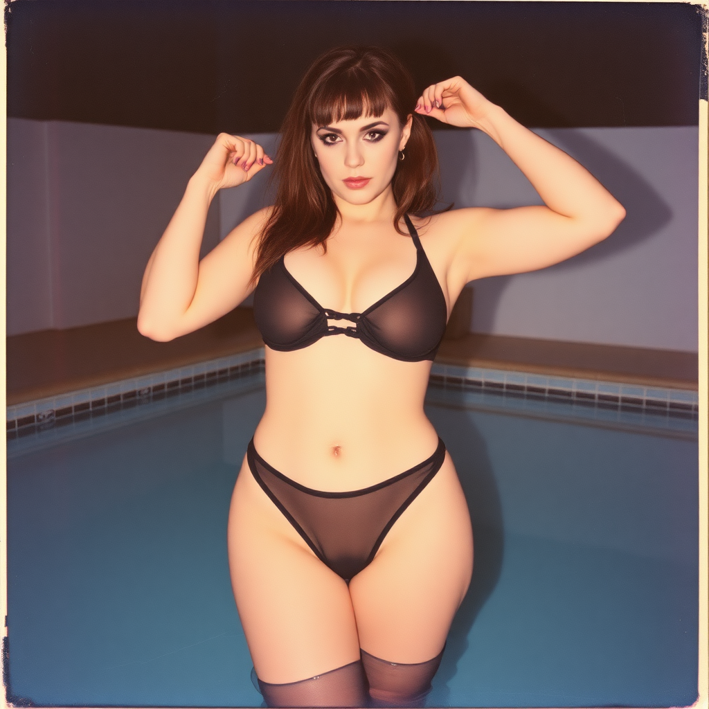 old polaroid photo with heavy vignetting and pink and blue artistic studio lighting color tint and light leak, depicting a sexy curvy thicc pale white alt goth girl with eye makeup, pulling down her tiny revealing black see thru bikini gstring thong, standing in a pool to show a tiny strip of pubic hair sticking out