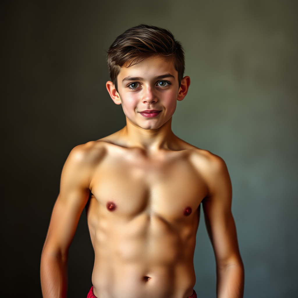 photo of a 14 year old boy, shirtless, abs, muscular