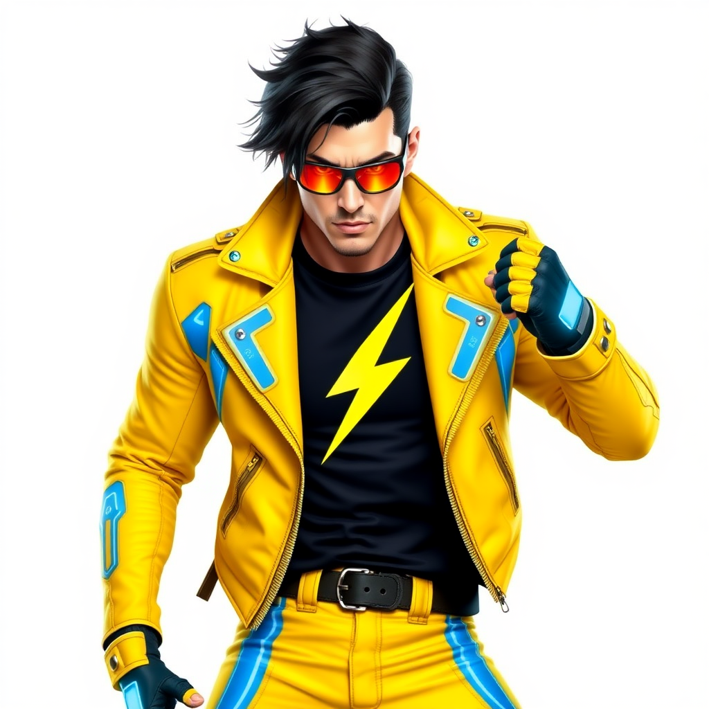 A 28-year-old electric supervillain with jet-black hair, donning a maximum yellow biker jacket with intricate electric blue accents, a black t-shirt emblazoned with a maximum yellow lightning bolt symbol, and sleek, golden-lensed sunglasses. He sports matching yellow biker pants with electric blue stripes, and high-tech, fingerless gloves that generate electricity. He strikes an aggressive pose against a solid white background.