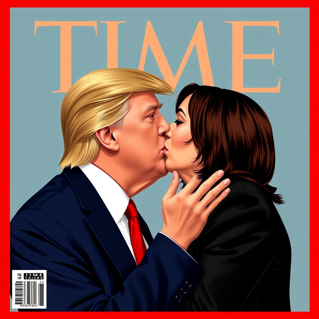 Imagine: if Time Magazine had a simple cover of Trump and Kamala Harris with Harris leading a passionate kiss between them. Artist's rendition.