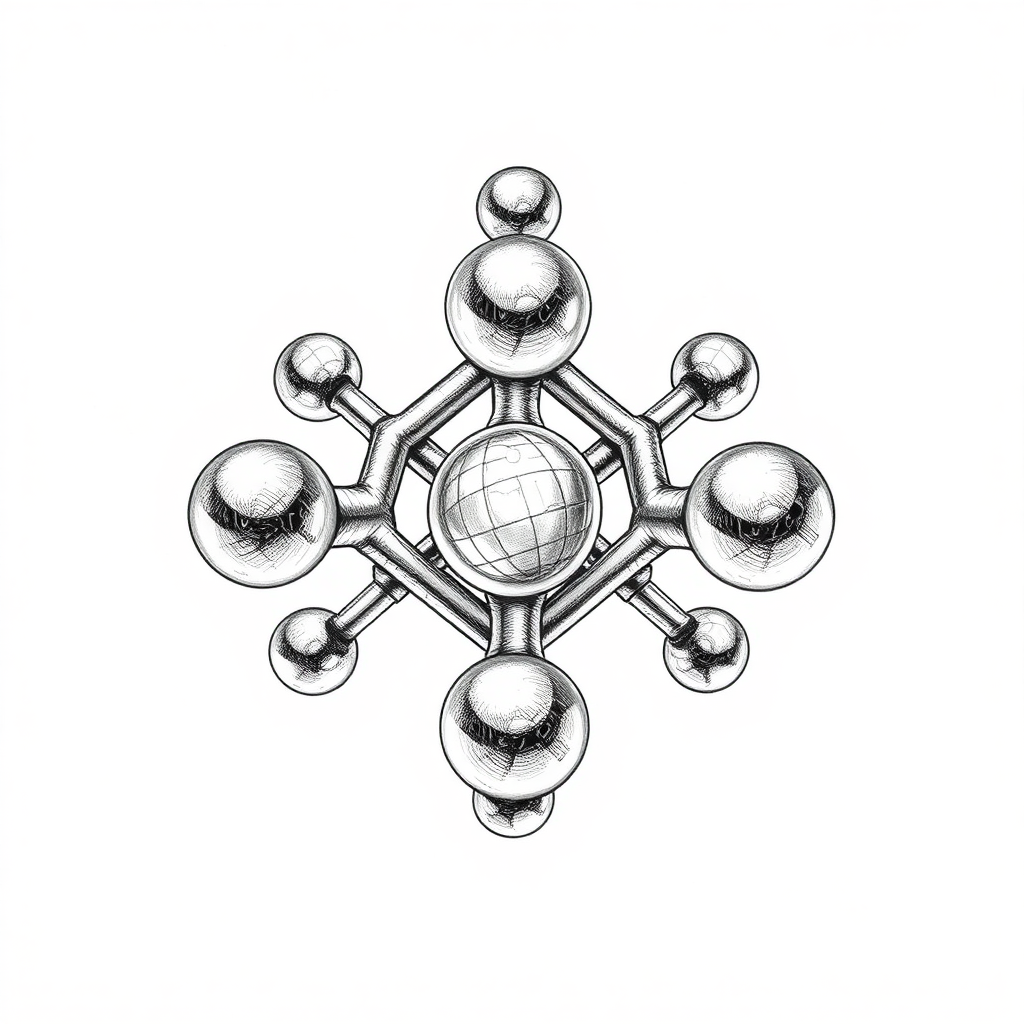 An iron molecule in the style of MC Escher with only 7 atoms, drawing, impossible, pencil, black and white