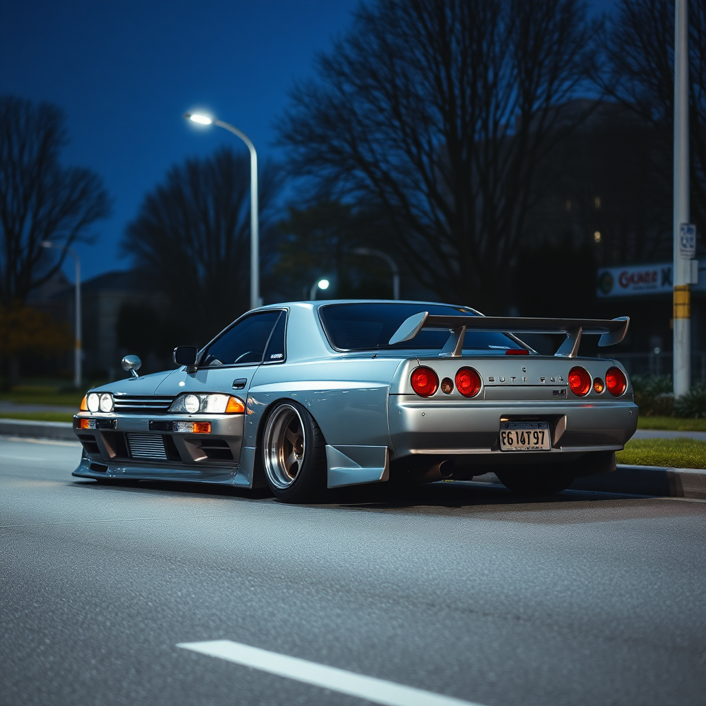 the car is parked on the side of the road, inspired by Taiyō Matsumoto, tumblr, restomod, nd4, c4 metallic shine nissan skyline r34 kalabalik tokyo gece arkaplan