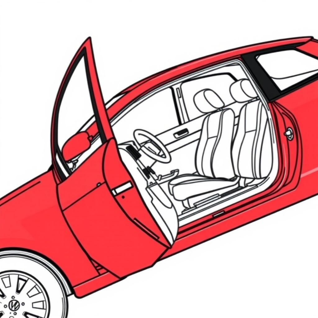 red vw polo II car, driver's door wide open, driving seat visible, long establishing shot, 2D, caricature, cartoon, Sketch lines, coloring book, coloring book style on white background, well composed, clean coloring book page, No dither, no gradient, strong outline, No fill, No solids, vector illustration, realistic proportions, blueprint, left side view